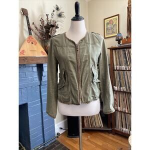 Anthropologie| Daughters of Liberation 0 Utility Jacket XS Green Crochet Back